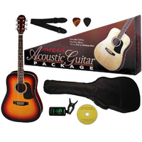 Aria Prodigy Series Acoustic Guitar Package in Brown Sunburst Includes Guitar, Gig Bag, Strap, Tuner, DVD & Picks