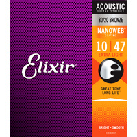 Elixir 11002 Nanoweb 80/20 Acoustic Guitar Strings Extra Light (10-47)