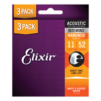 Elixir 16538 Nanoweb 80/20 Acoustic Guitar Strings Custom Light (11-52) 3-Pack