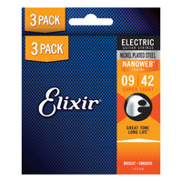 Elixir 16540 Nanoweb Nickel Plated Steel Electric Guitar Strings Super Light (9-42) 3-Pack