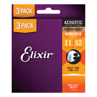 Elixir 16544 Nanoweb Phosphor Bronze Acoustic Guitar Strings Custom Light (11-52) 3-Pack