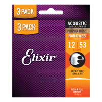 Elixir 16545 Nanoweb Phosphor Bronze Acoustic Guitar Strings Light (12-53) 3-Pack